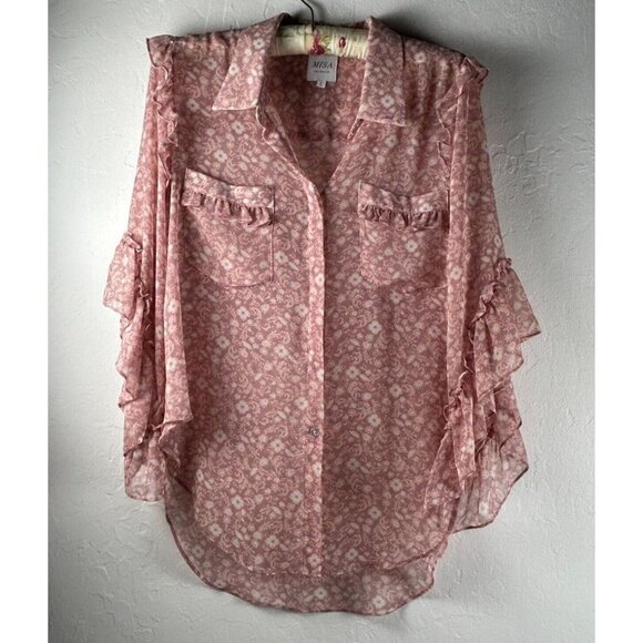 MISA Los Angeles Aeryn Top Womens Floral Chiffon Blouse Size Large Ruffle Sleeve